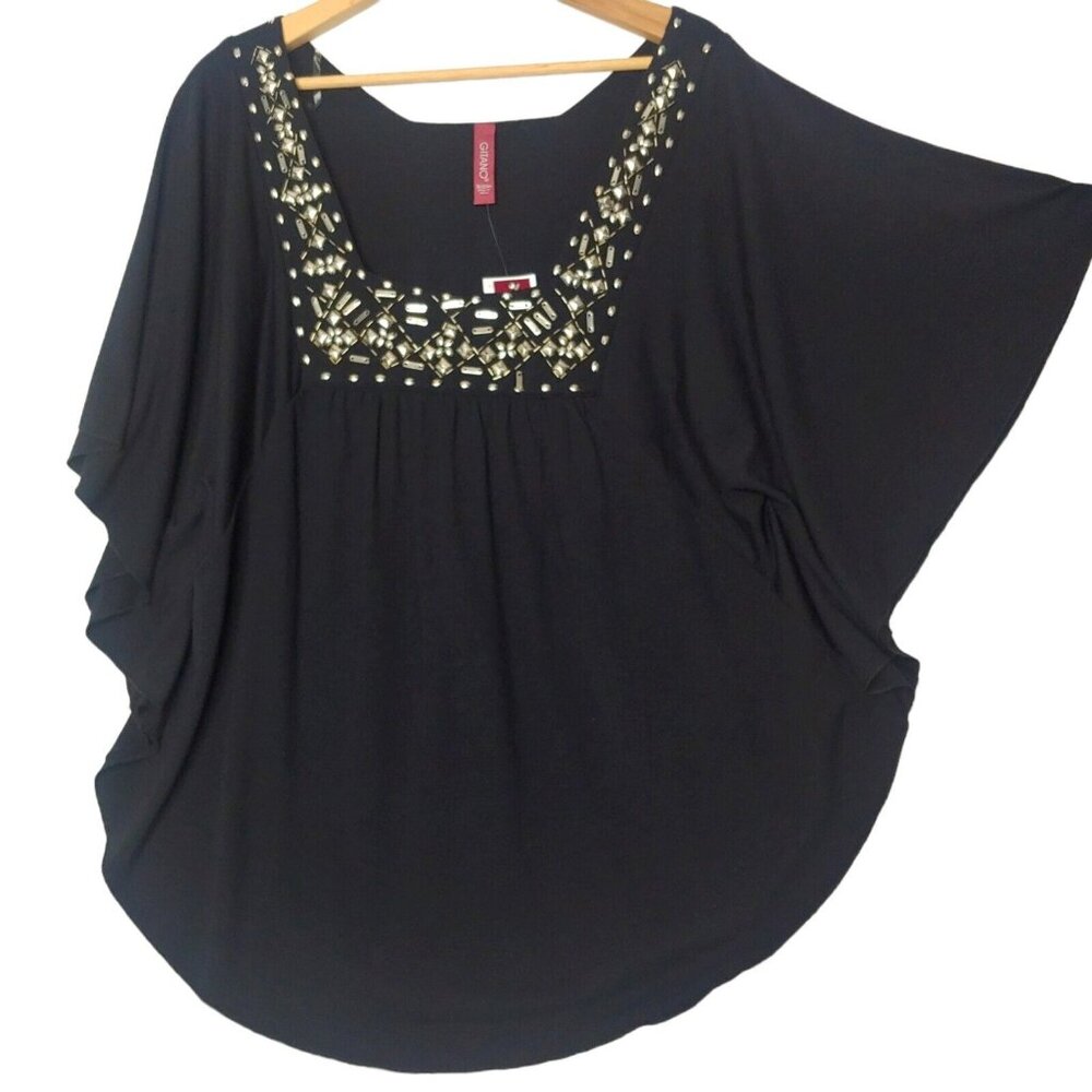 Gitano Womens Plus 18 20 W Shirt Black Embellished Short Flutter Sleeve NWT READ